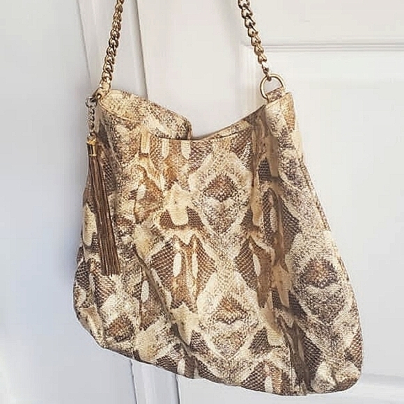 Tan Leather Gold Shimmer Python Print Shoulder Bag 🌴 - Picture 3 of 7